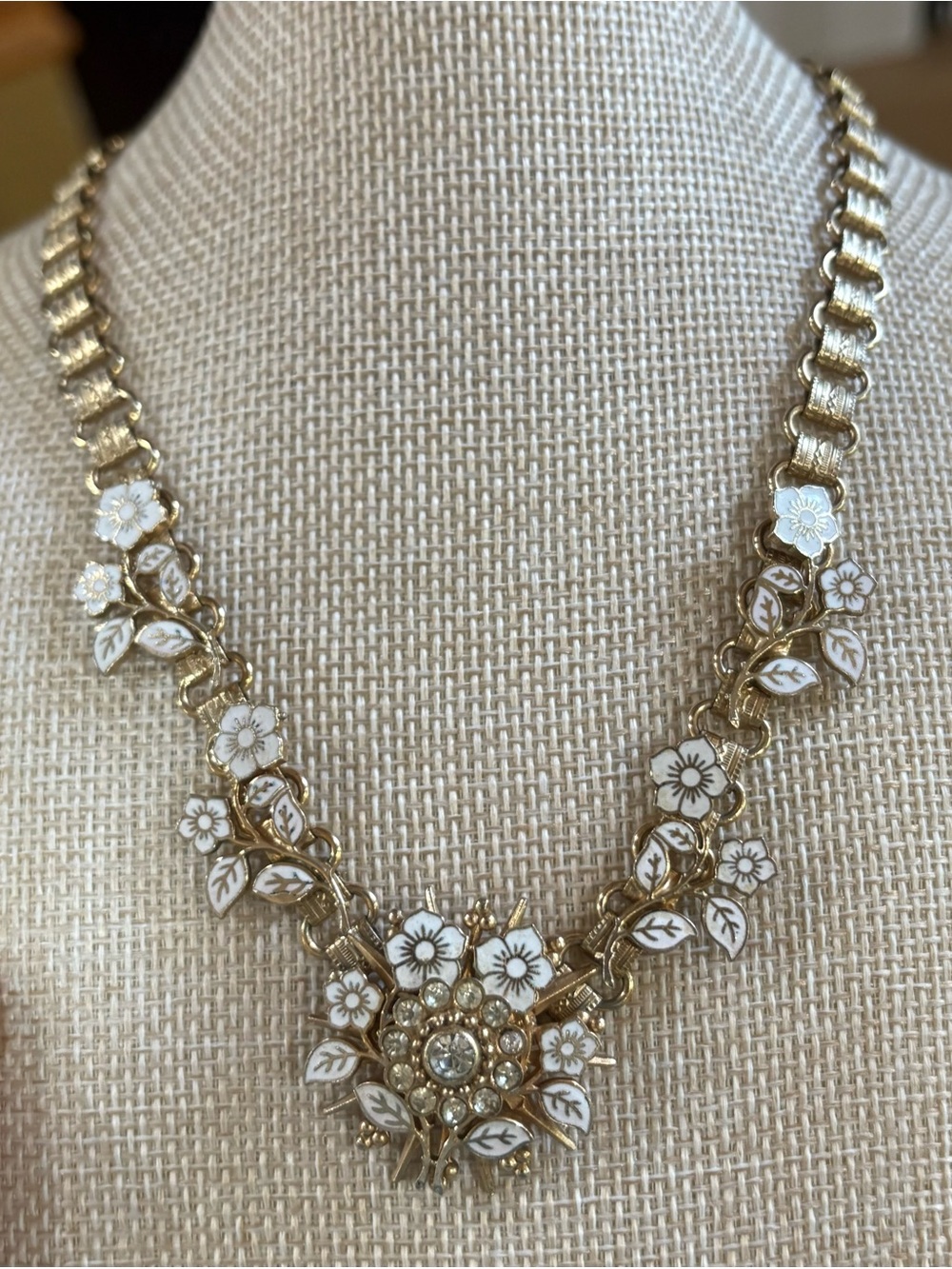 Vintage Book Chain White Enamel Floral Rhinestone Statement Necklace